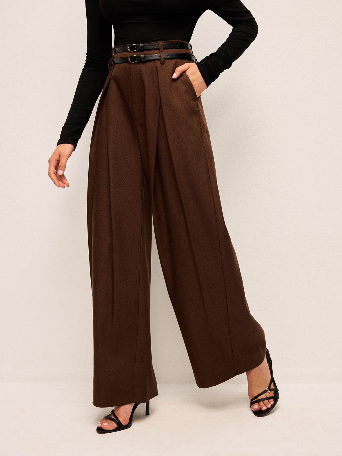 High-Waist Wide-Leg Pants With Double Belts-Chicvia