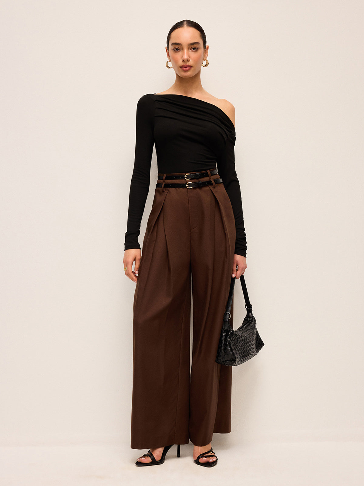 High-Waist Wide-Leg Pants With Double Belts-Chicvia