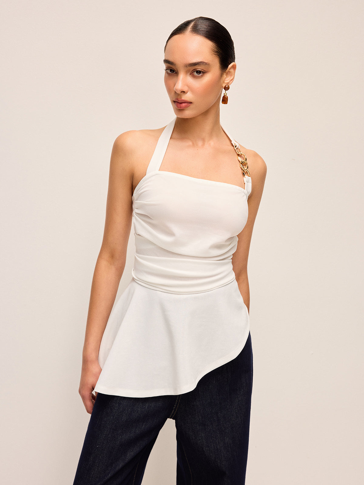 Halter Neck Peplum Top With Chain Detail-Chicvia