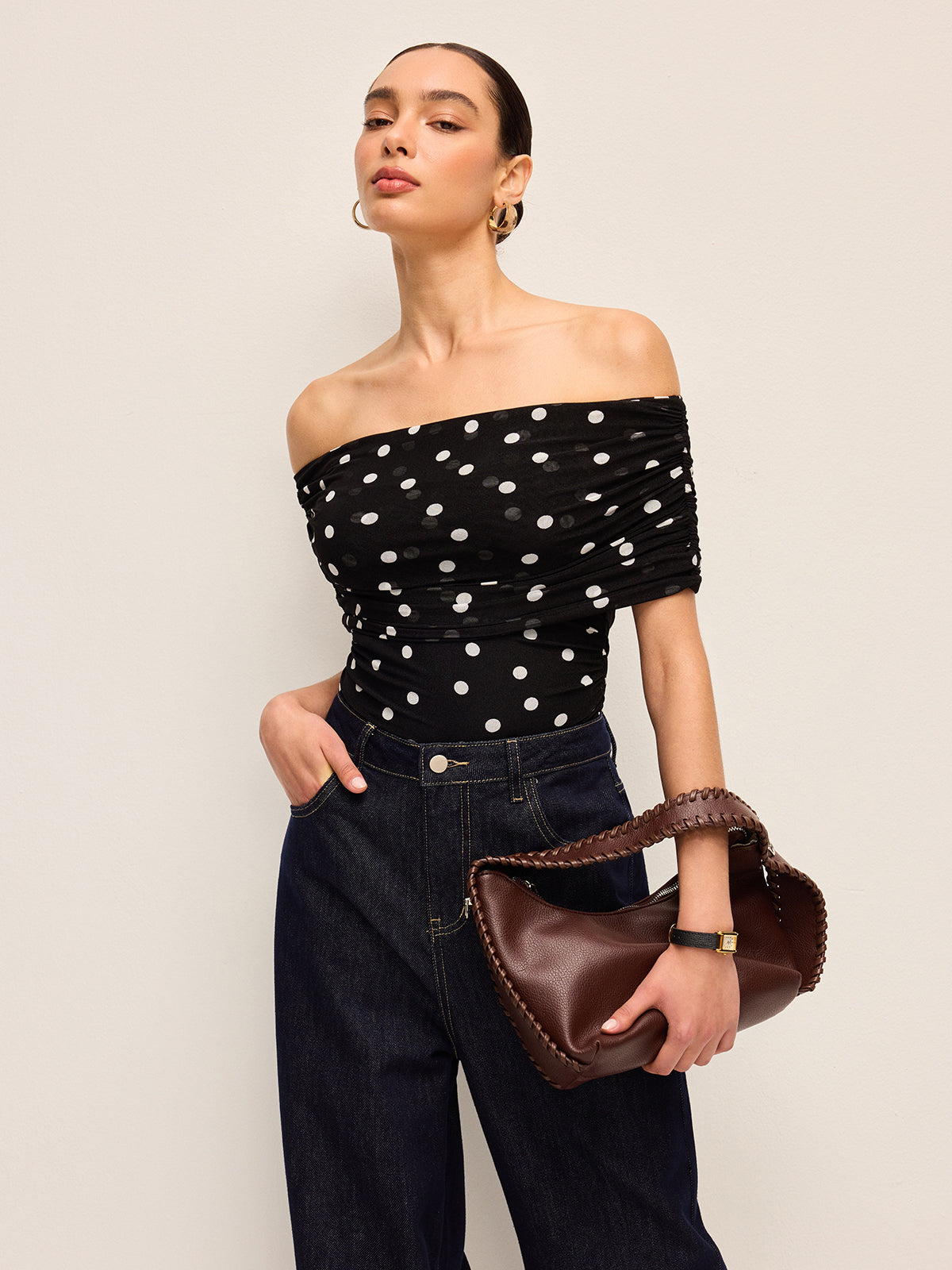 Polka Dot Off-Shoulder Bodysuit-Chicvia