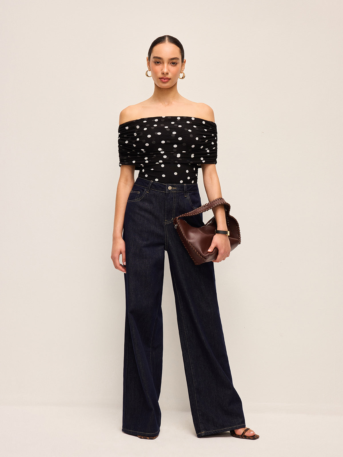 Polka Dot Off-Shoulder Bodysuit-Chicvia