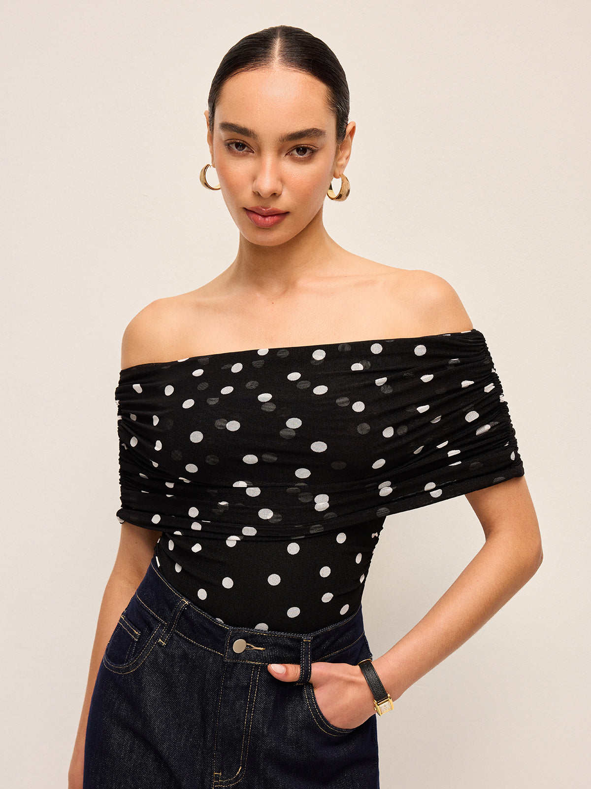 Polka Dot Off-Shoulder Bodysuit-Chicvia