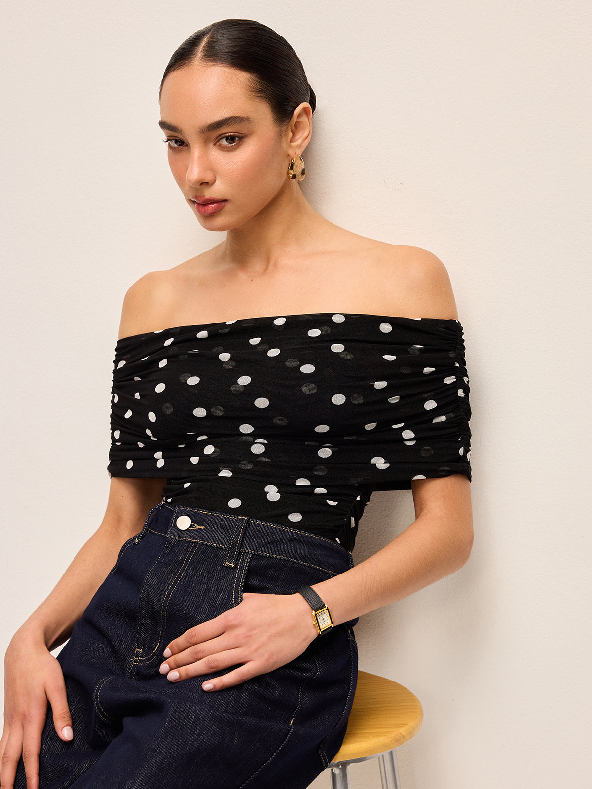 Polka Dot Off-Shoulder Bodysuit-Chicvia