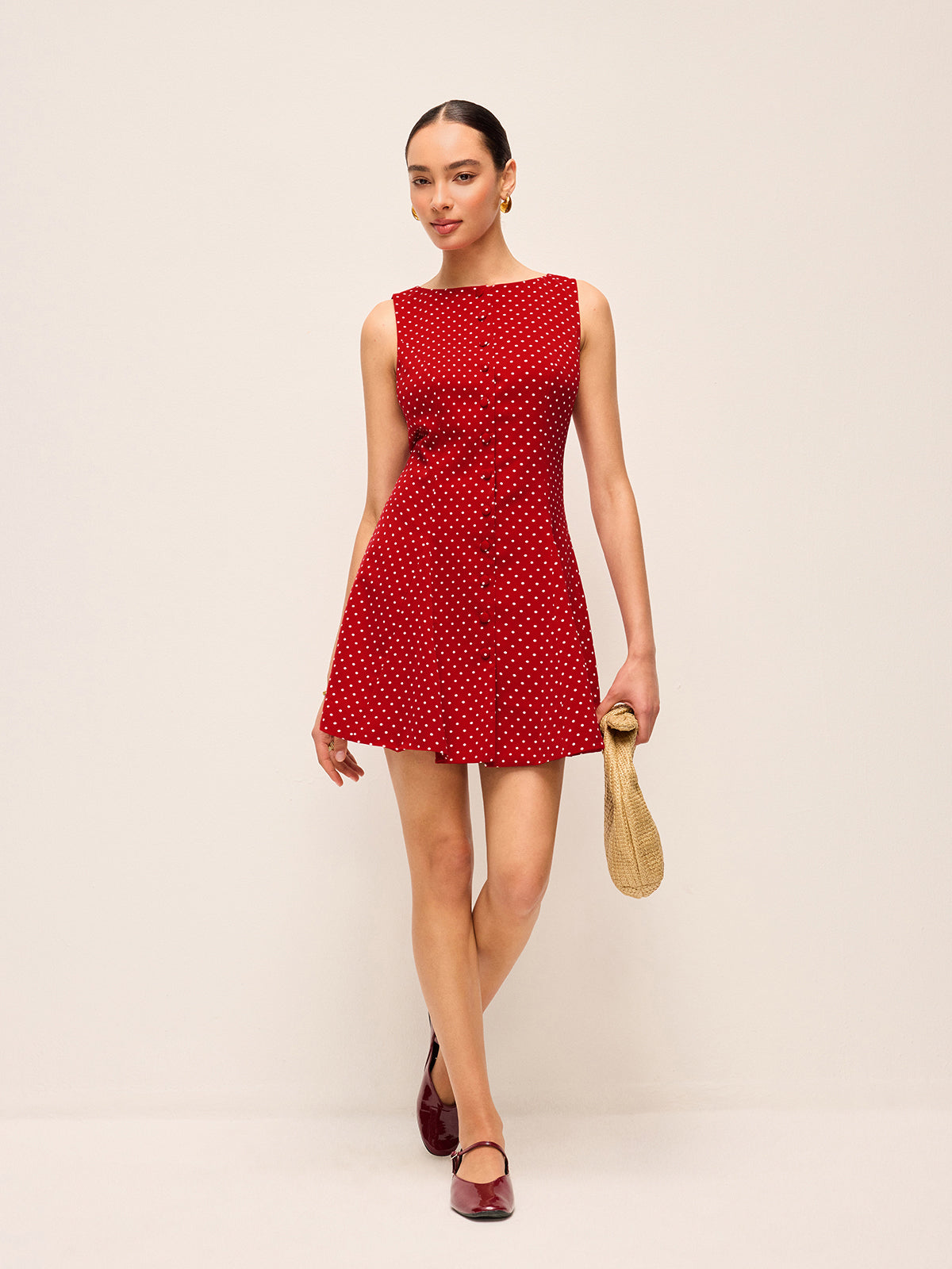 Polka-Dot Sleeveless Tie-Back Dress-Chicvia