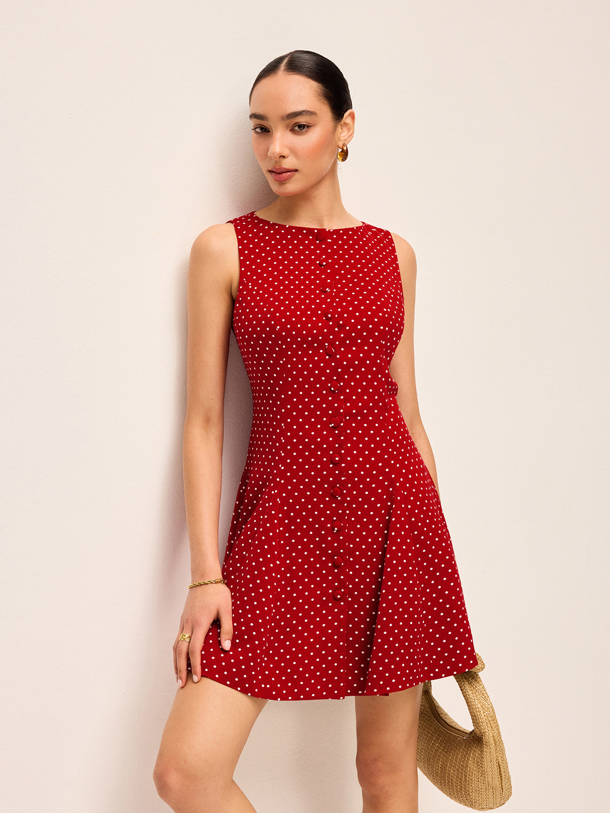 Polka-Dot Sleeveless Tie-Back Dress-Chicvia