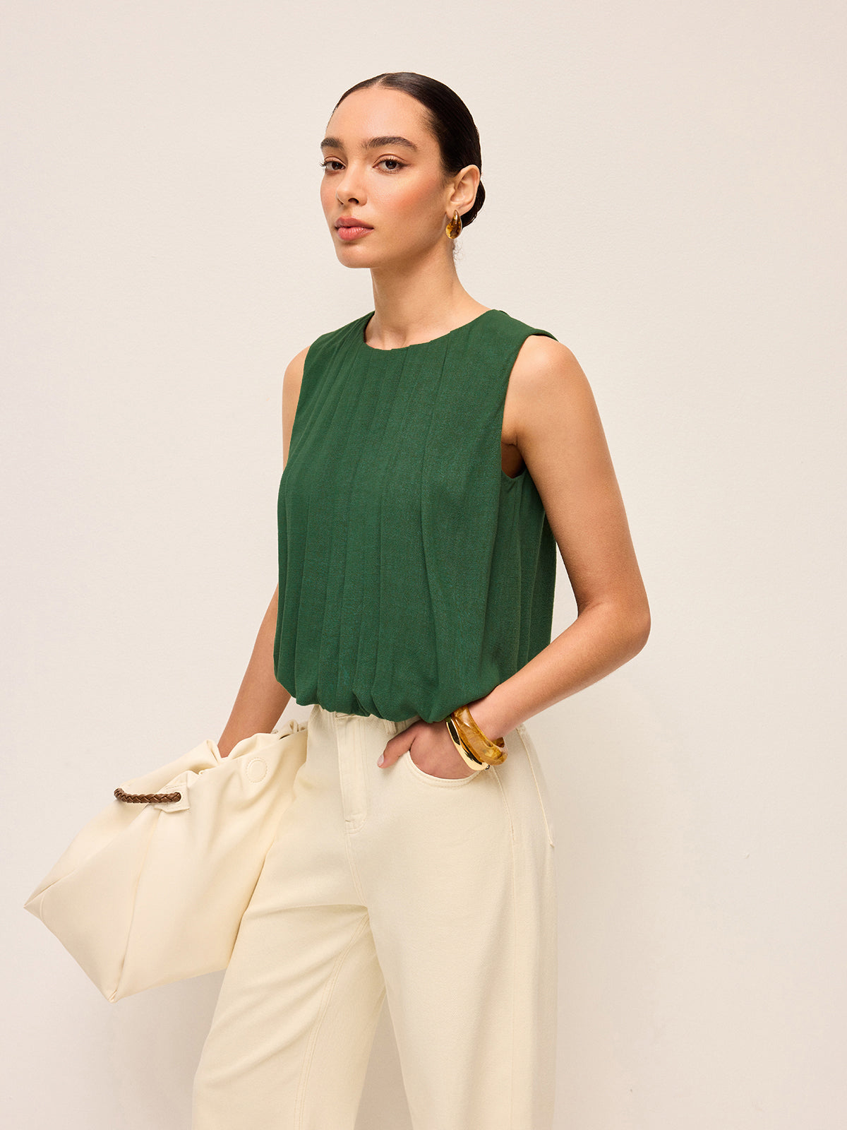 Pleated Cotton & Linen Sleeveless Top-Chicvia