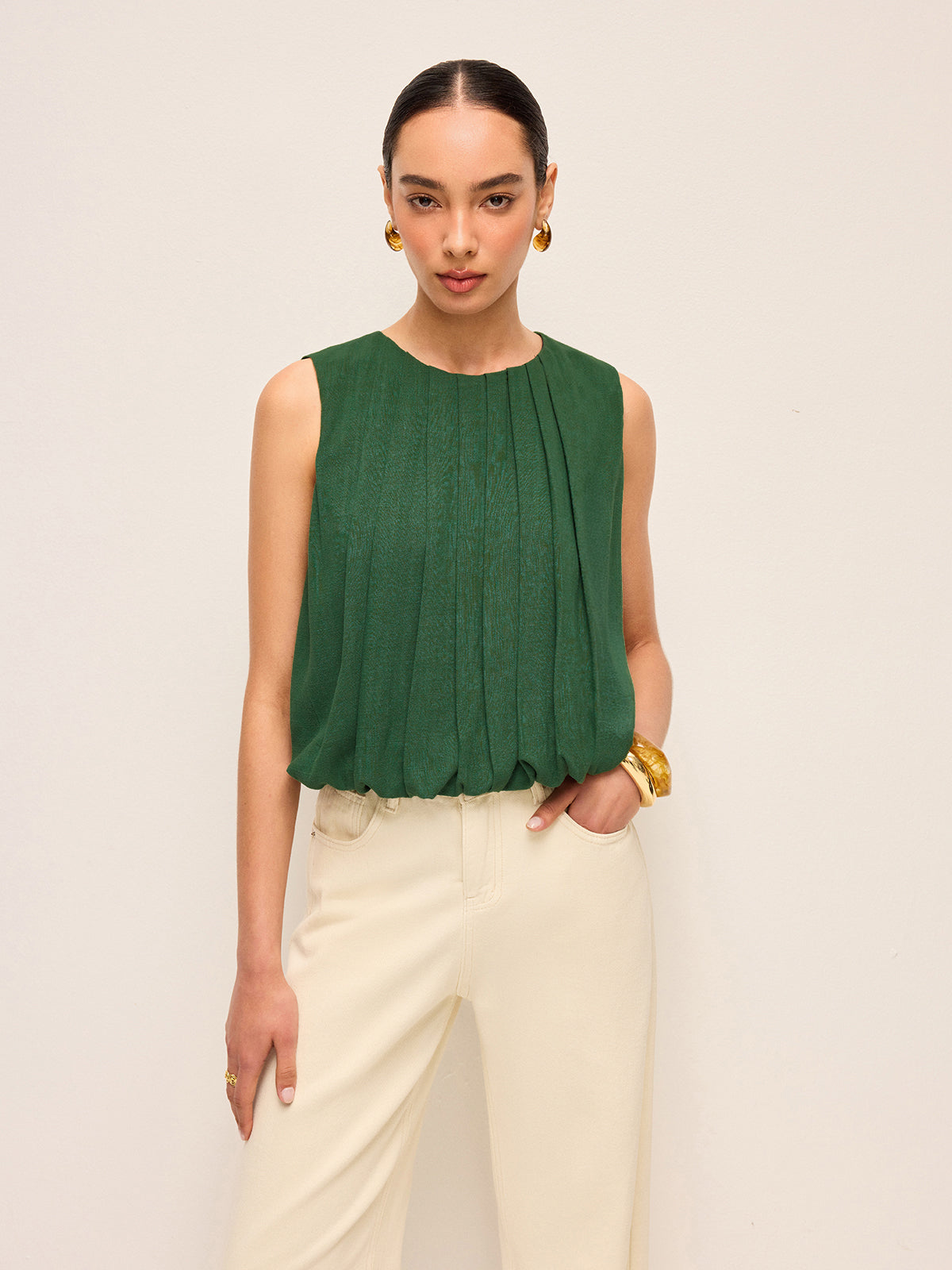 Pleated Cotton & Linen Sleeveless Top-Chicvia