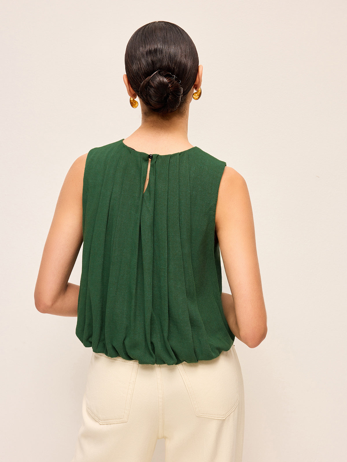 Pleated Cotton & Linen Sleeveless Top-Chicvia