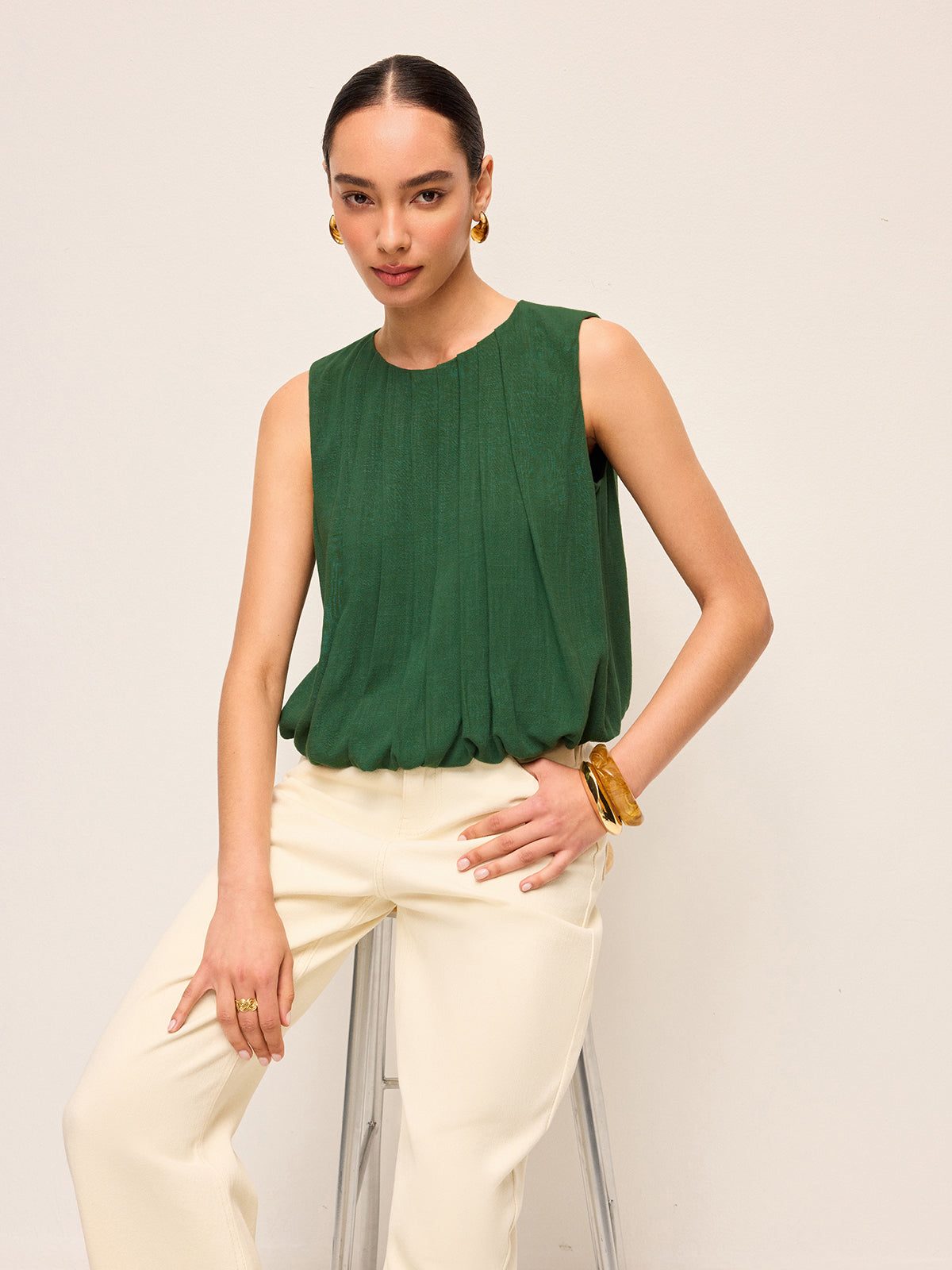 Pleated Cotton & Linen Sleeveless Top-Chicvia