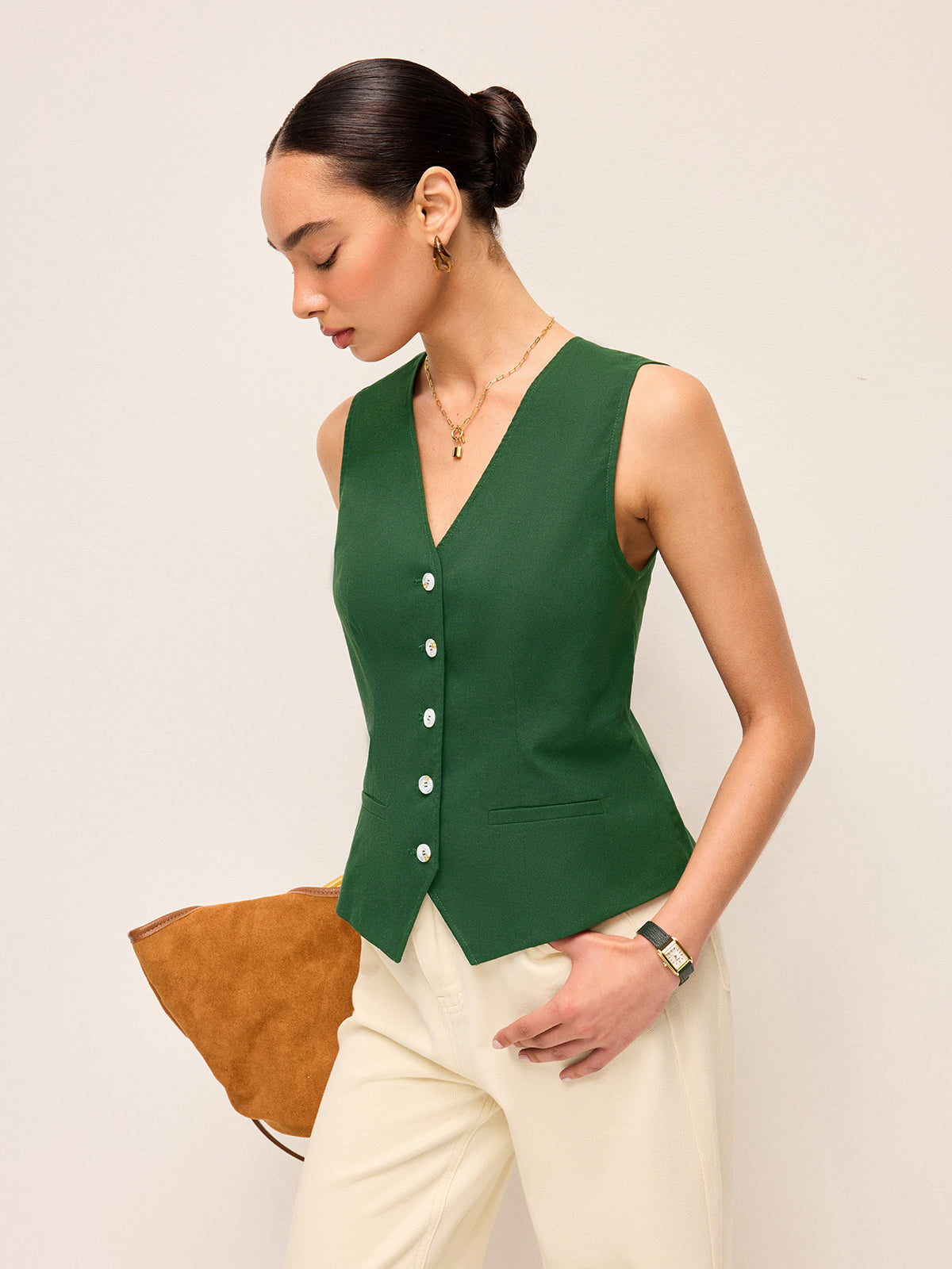 Cotton & Linen Asymmetric Button Vest With Back Bow-Chicvia