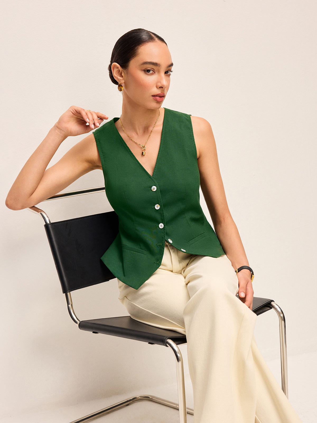 Cotton & Linen Asymmetric Button Vest With Back Bow-Chicvia