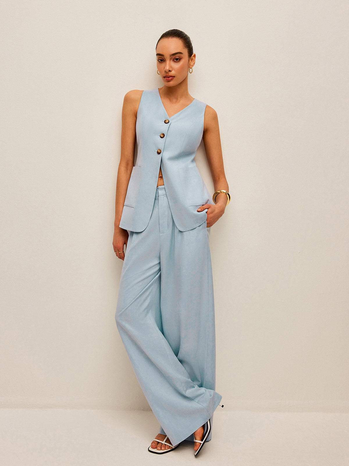 Cotton & Linen Tie-Back Vest With Pants Set-Chicvia