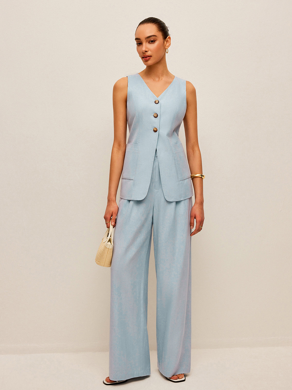 Cotton & Linen Tie-Back Vest With Pants Set-Chicvia