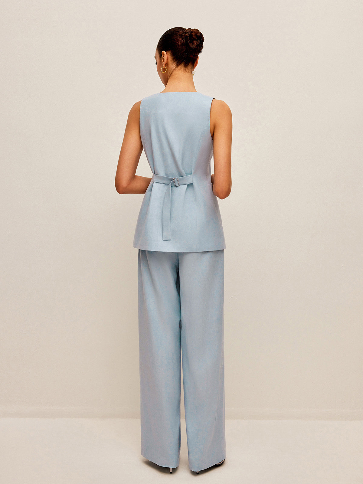 Cotton & Linen Tie-Back Vest With Pants Set-Chicvia