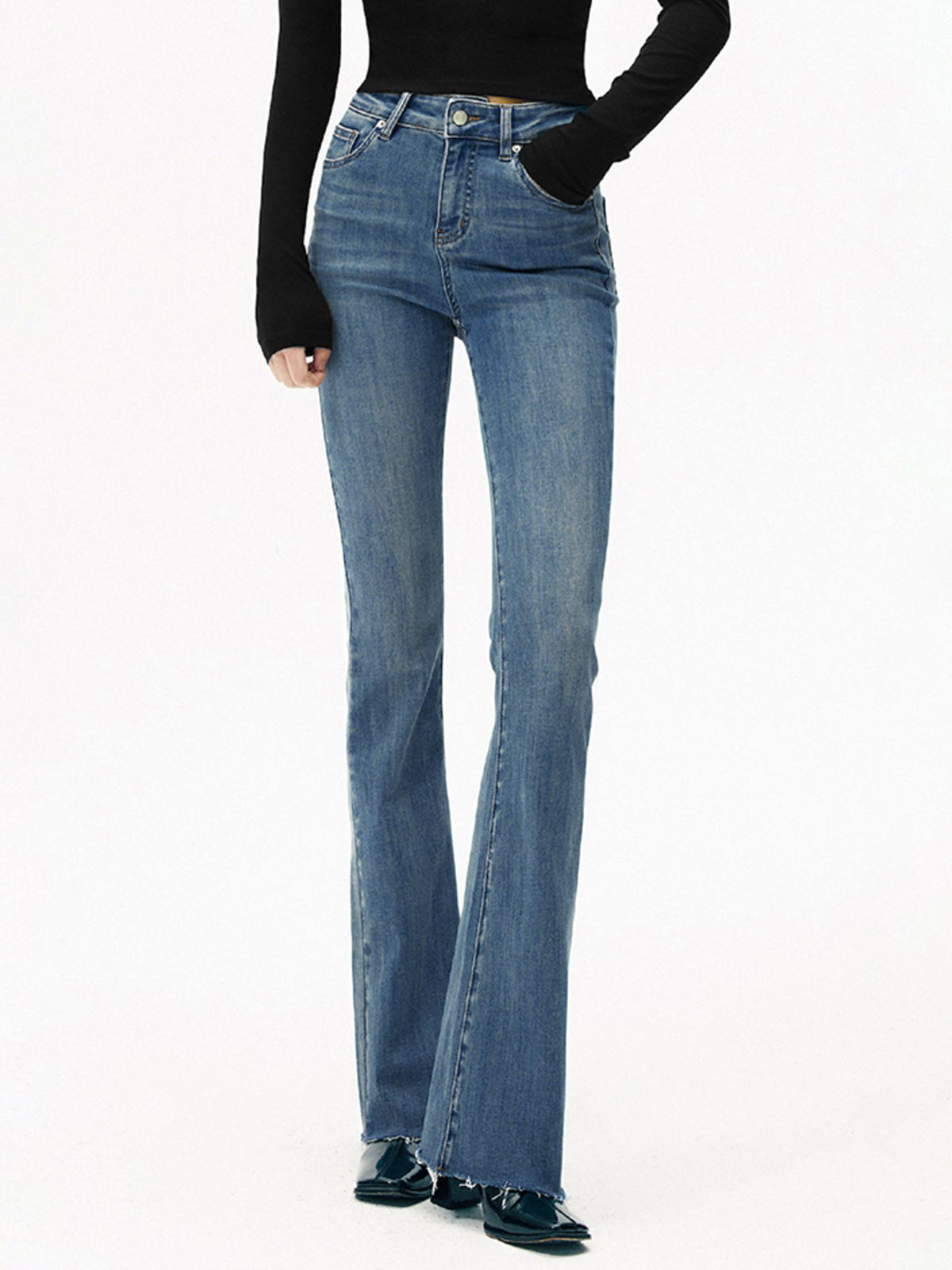 High-Waist Denim Bootcut Jeans-Chicvia