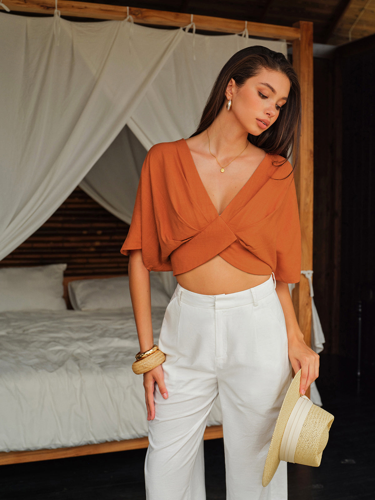 Cotton & Linen Criss-Cross Front Blouse-Chicvia