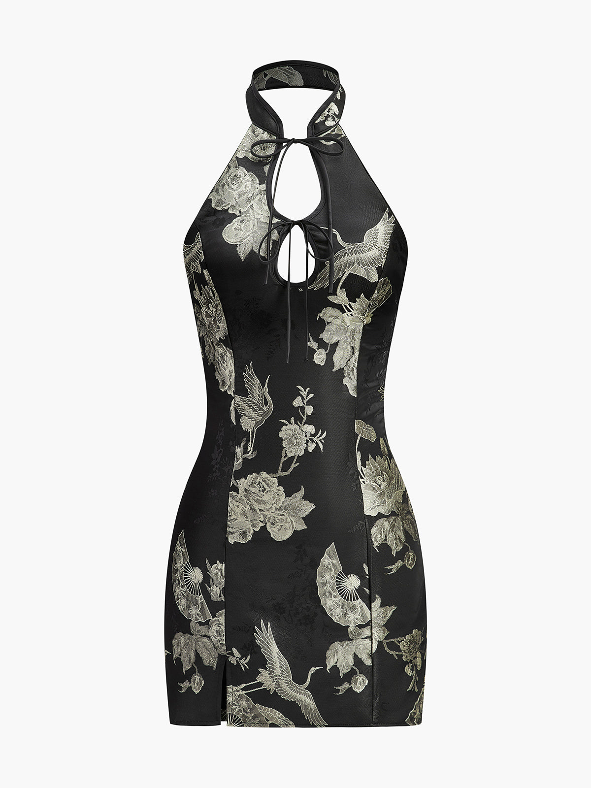 Floral Print Keyhole Detail Halter Dress-Chicvia