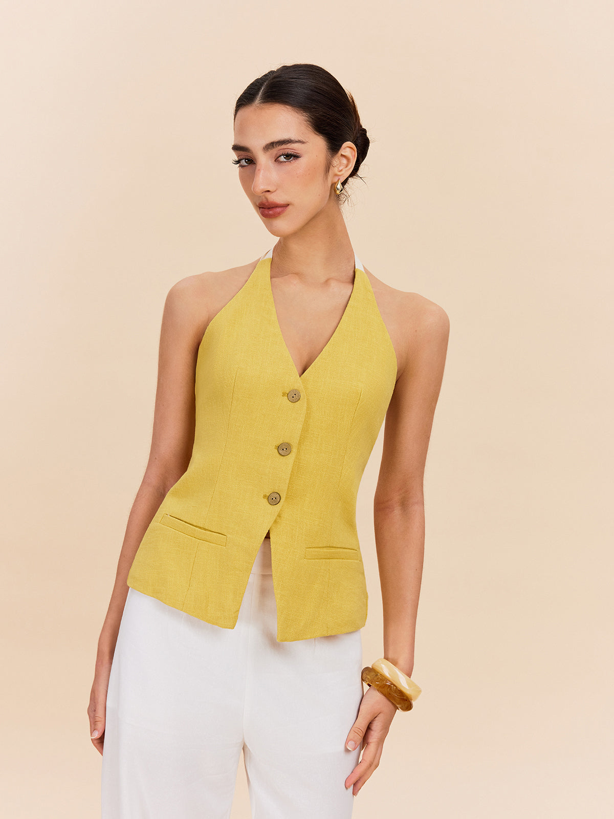 Cotton & Linen Halter Top With Decor Pocket-Chicvia