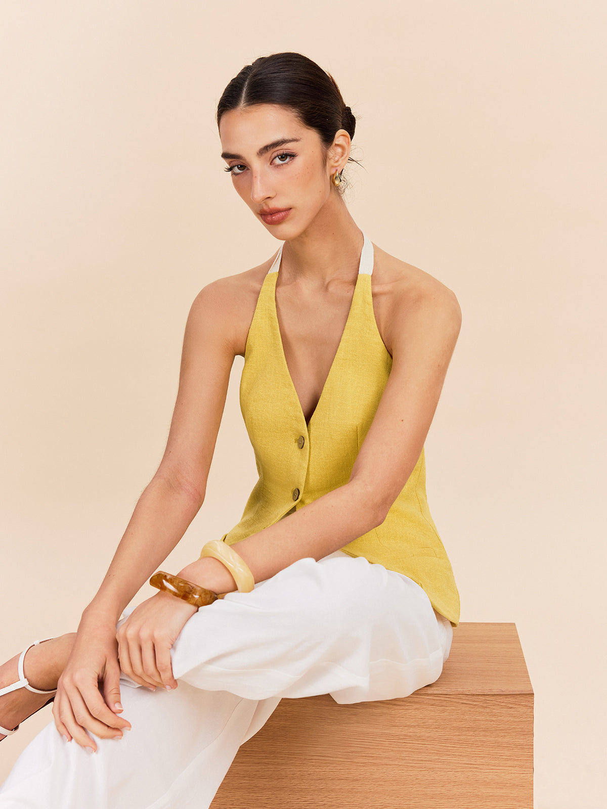 Cotton & Linen Halter Top With Decor Pocket-Chicvia