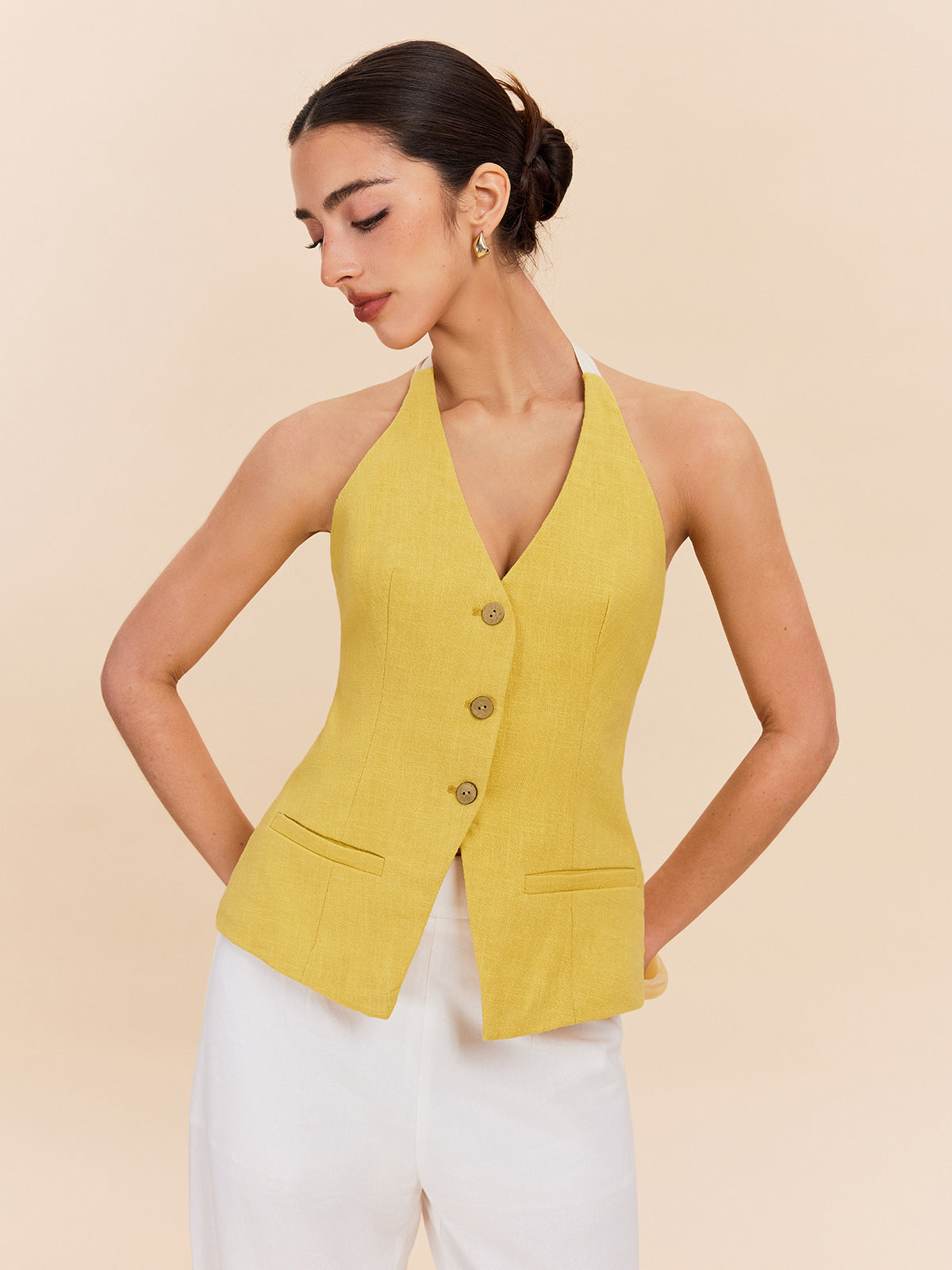 Cotton & Linen Halter Top With Decor Pocket-Chicvia