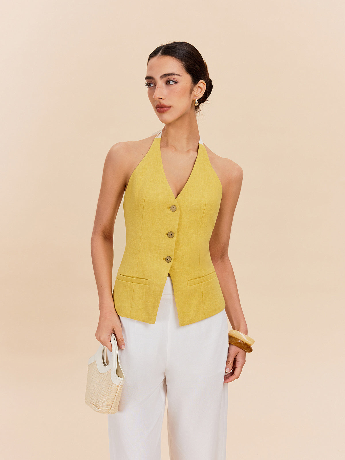 Cotton & Linen Halter Top With Decor Pocket-Chicvia