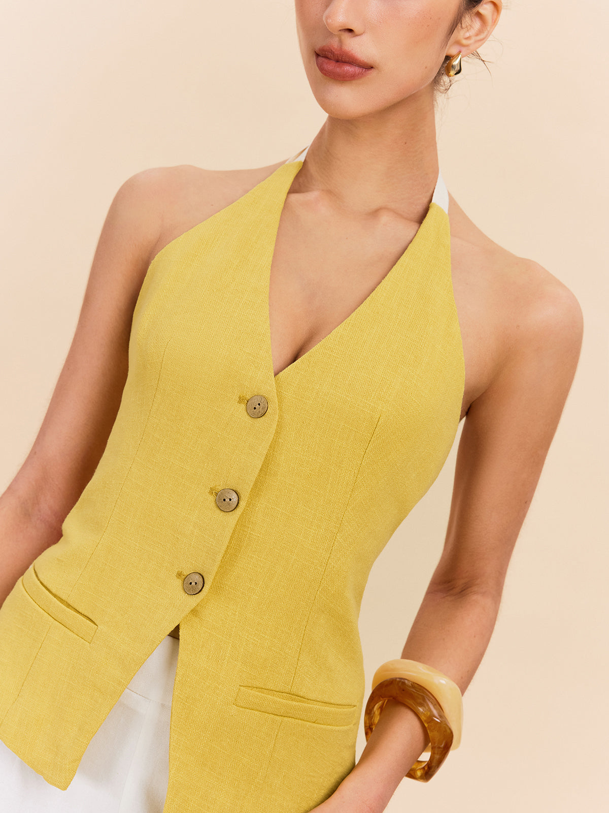 Cotton & Linen Halter Top With Decor Pocket-Chicvia