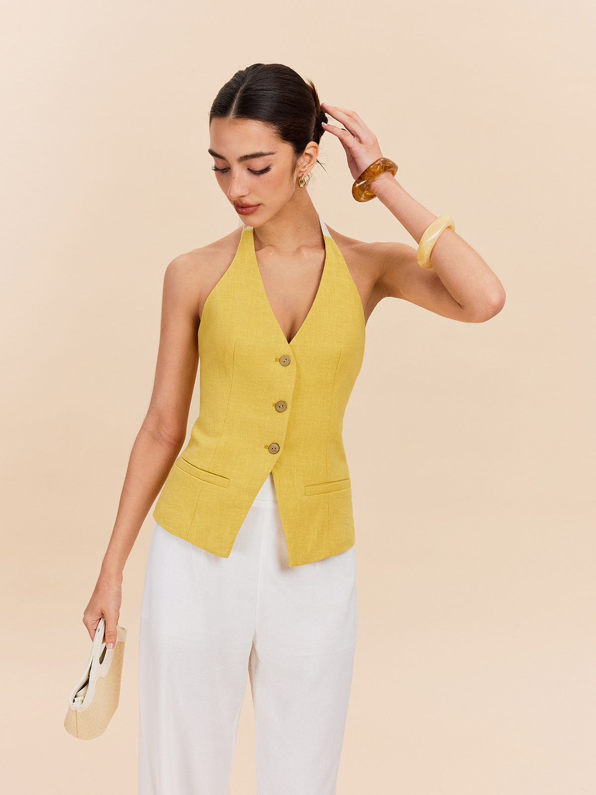 Cotton & Linen Halter Top With Decor Pocket-Chicvia