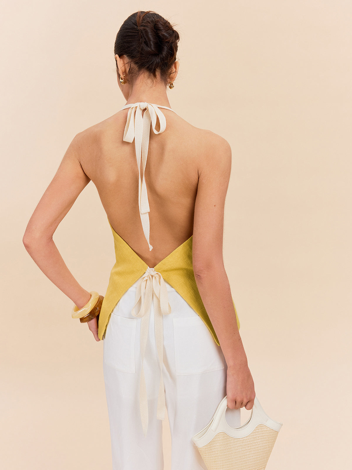 Cotton & Linen Halter Top With Decor Pocket-Chicvia