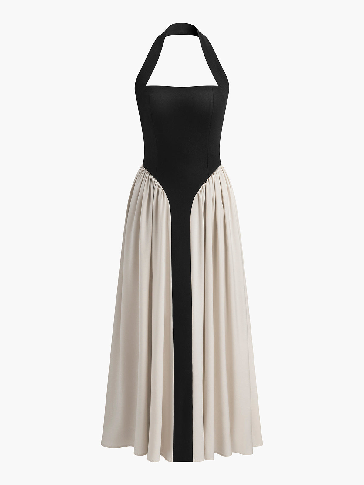 Color Block Halter Neck Linen Blend Dress-Chicvia