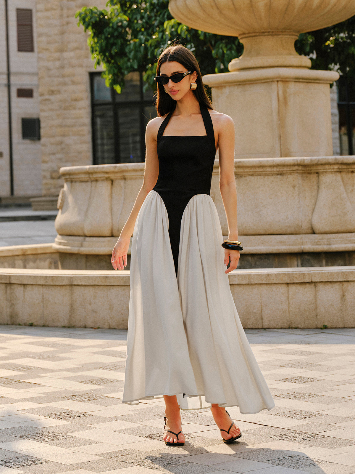 Color Block Halter Neck Linen Blend Dress-Chicvia