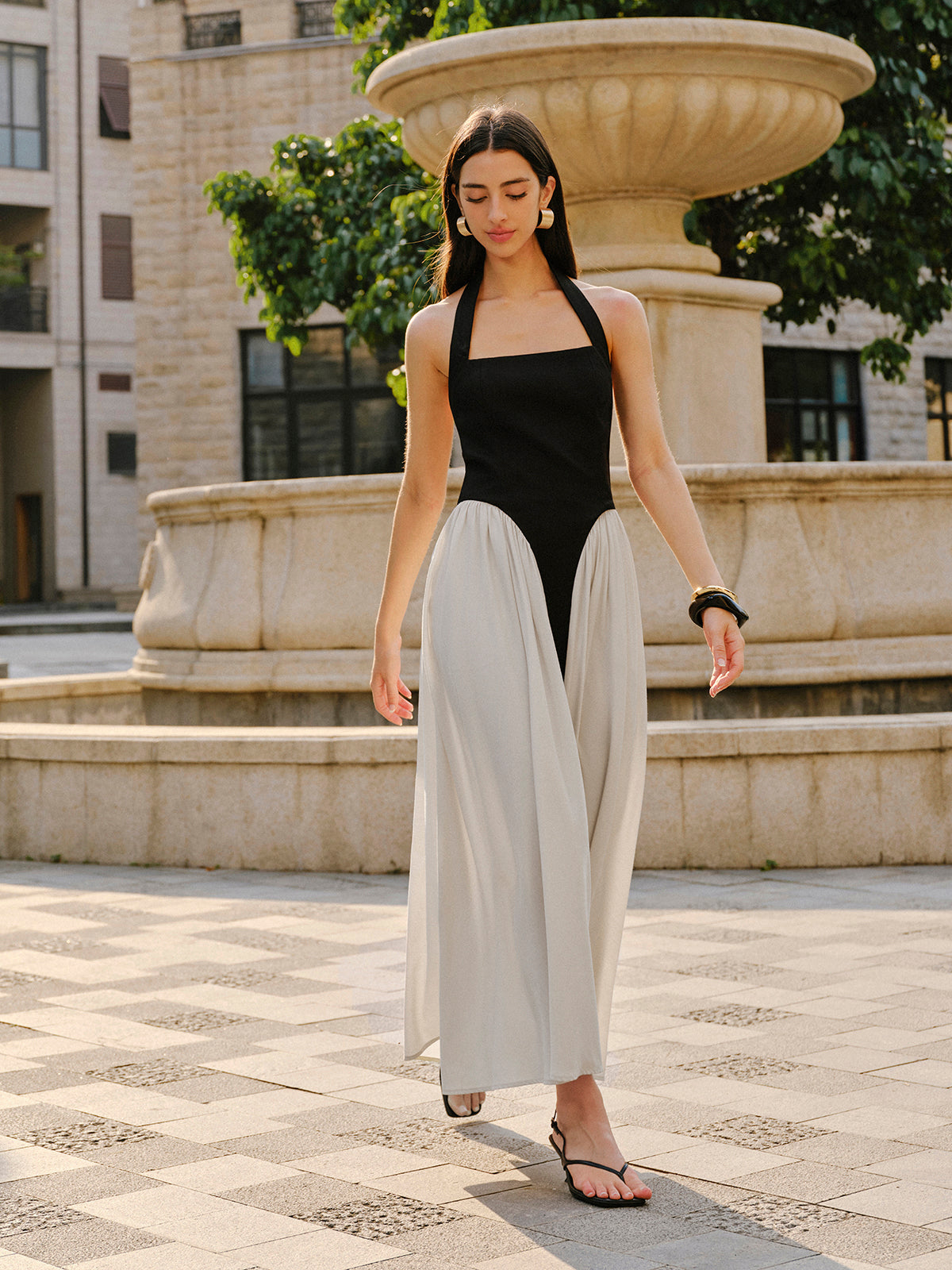 Color Block Halter Neck Linen Blend Dress-Chicvia