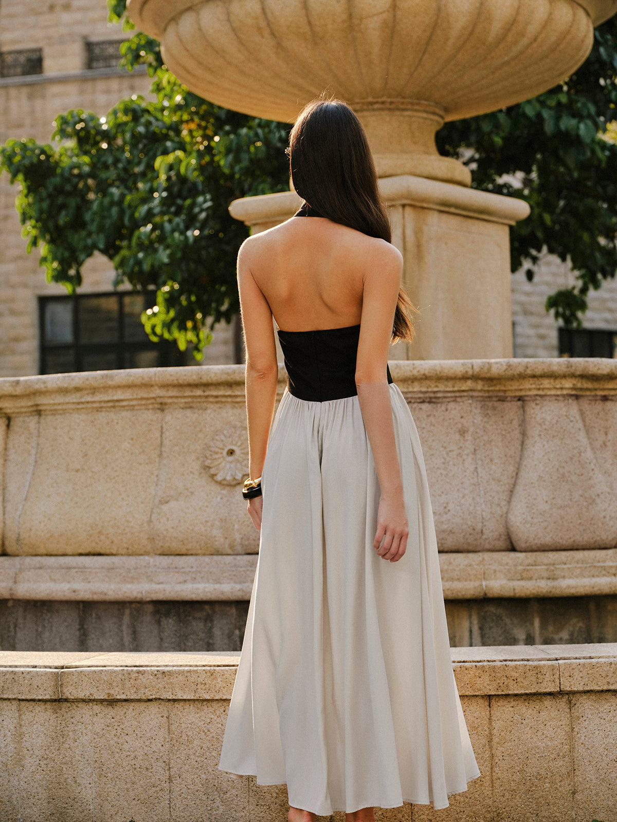 Color Block Halter Neck Linen Blend Dress-Chicvia