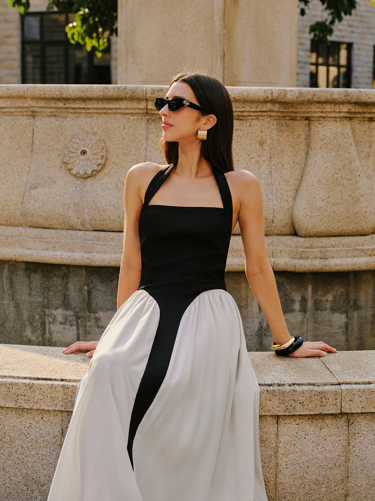 Color Block Halter Neck Linen Blend Dress-Chicvia