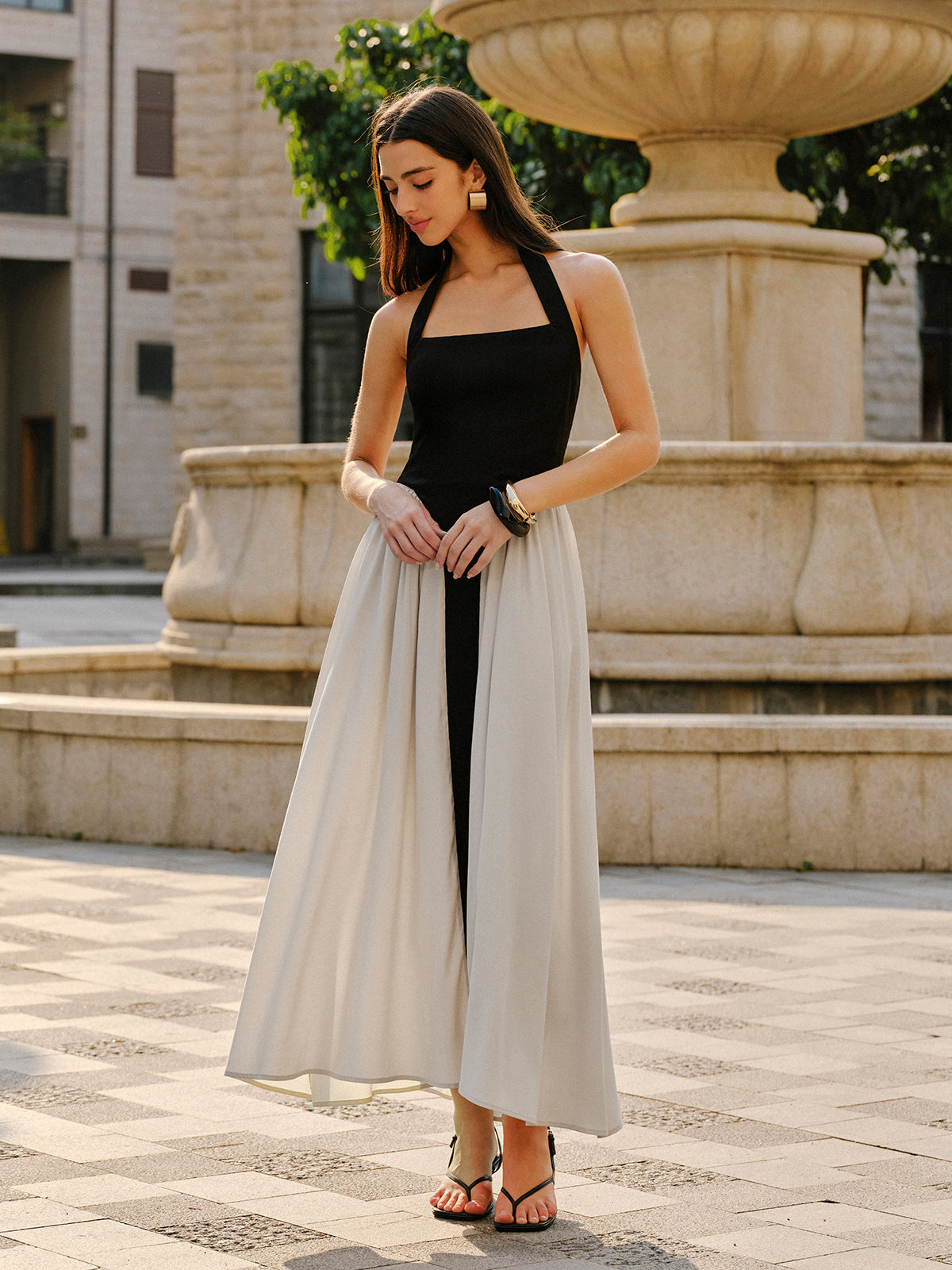 Color Block Halter Neck Linen Blend Dress-Chicvia