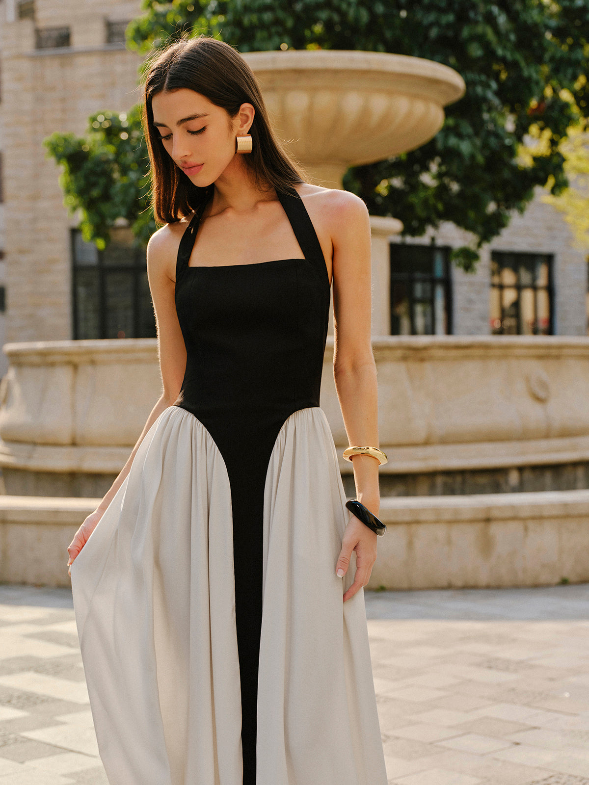 Color Block Halter Neck Linen Blend Dress-Chicvia