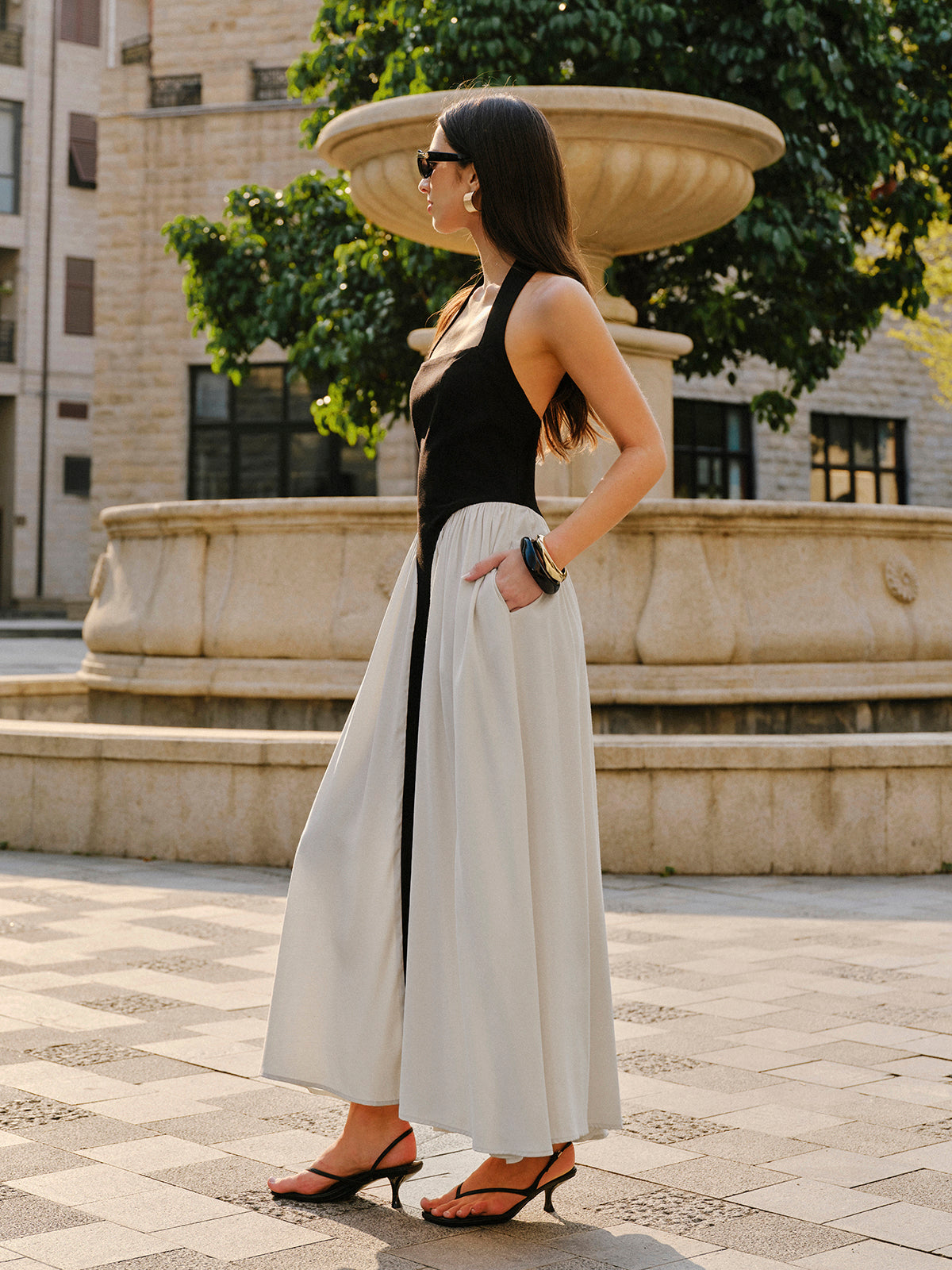 Color Block Halter Neck Linen Blend Dress-Chicvia