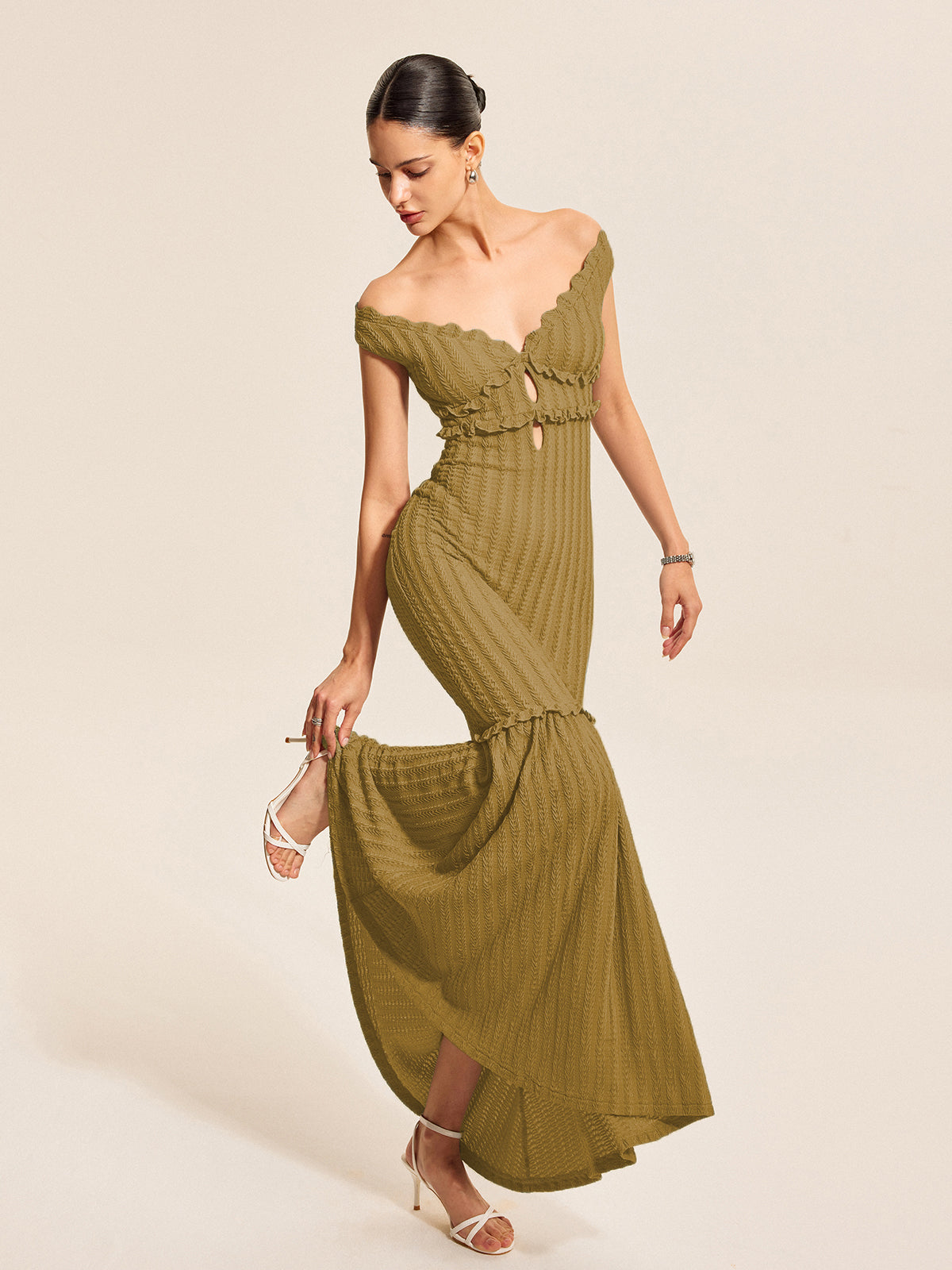 Off-Shoulder Ruffle Detail Dress-Chicvia