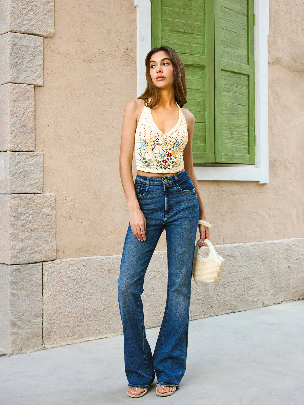 Halter Embroidery Tie-Back Top-Chicvia