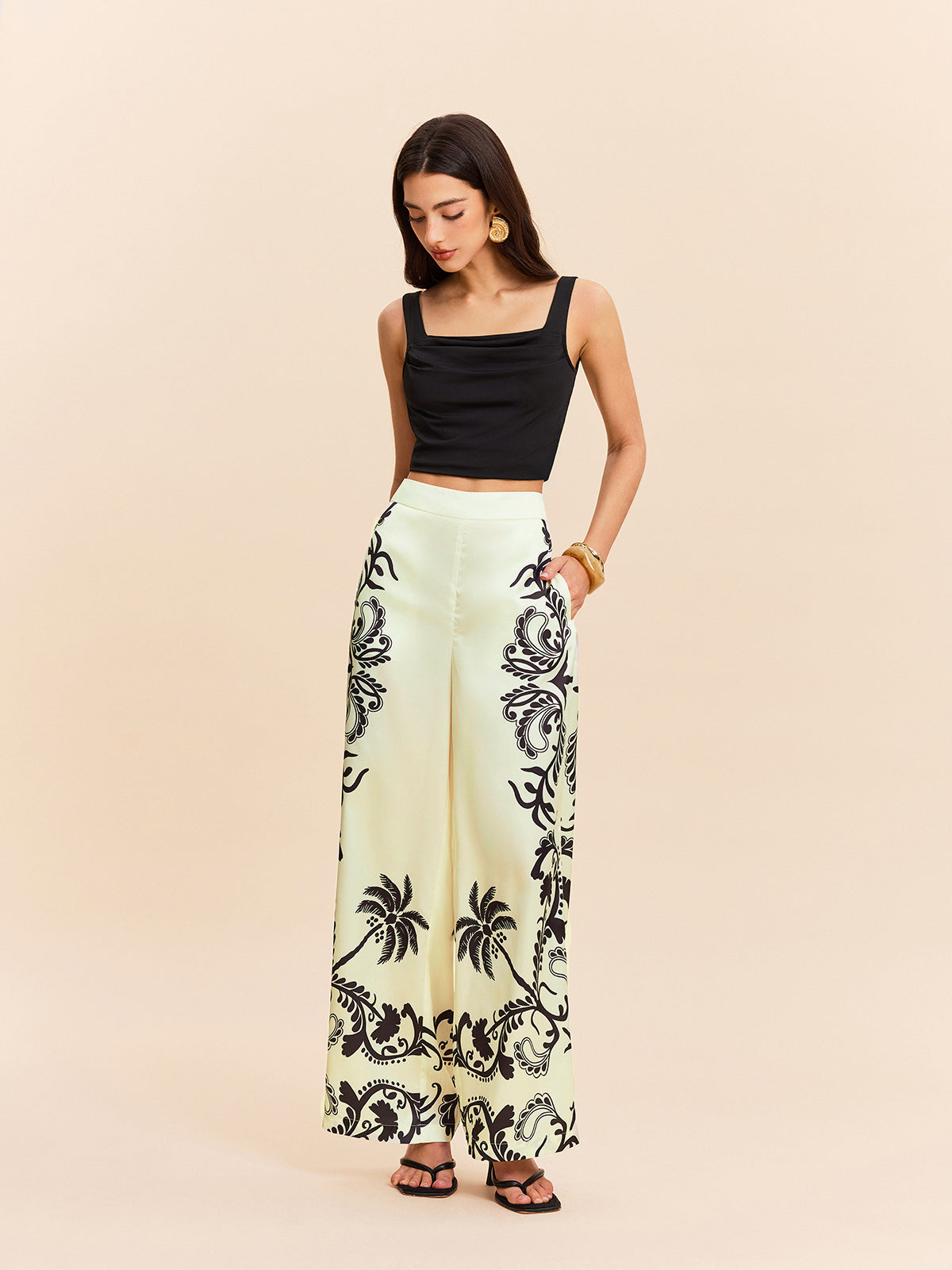 High-Waist Tropical Print Satin Pants-Chicvia
