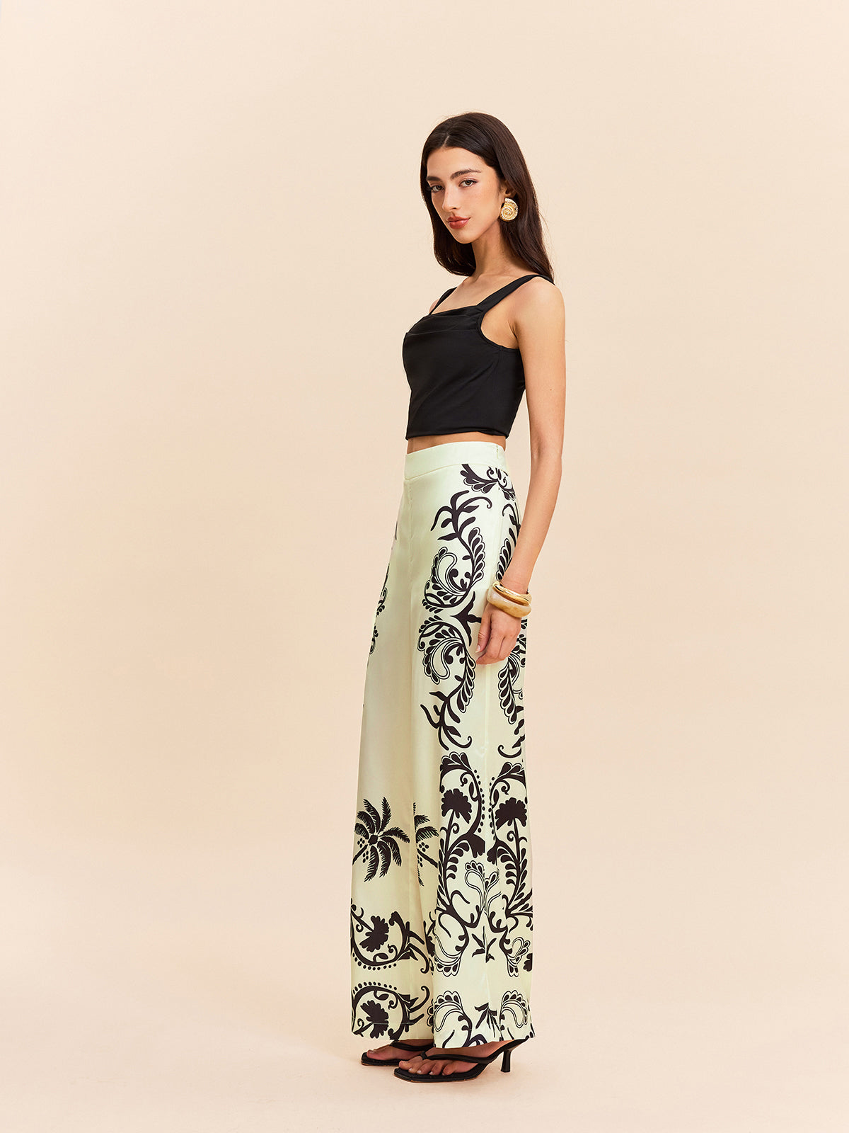 High-Waist Tropical Print Satin Pants-Chicvia