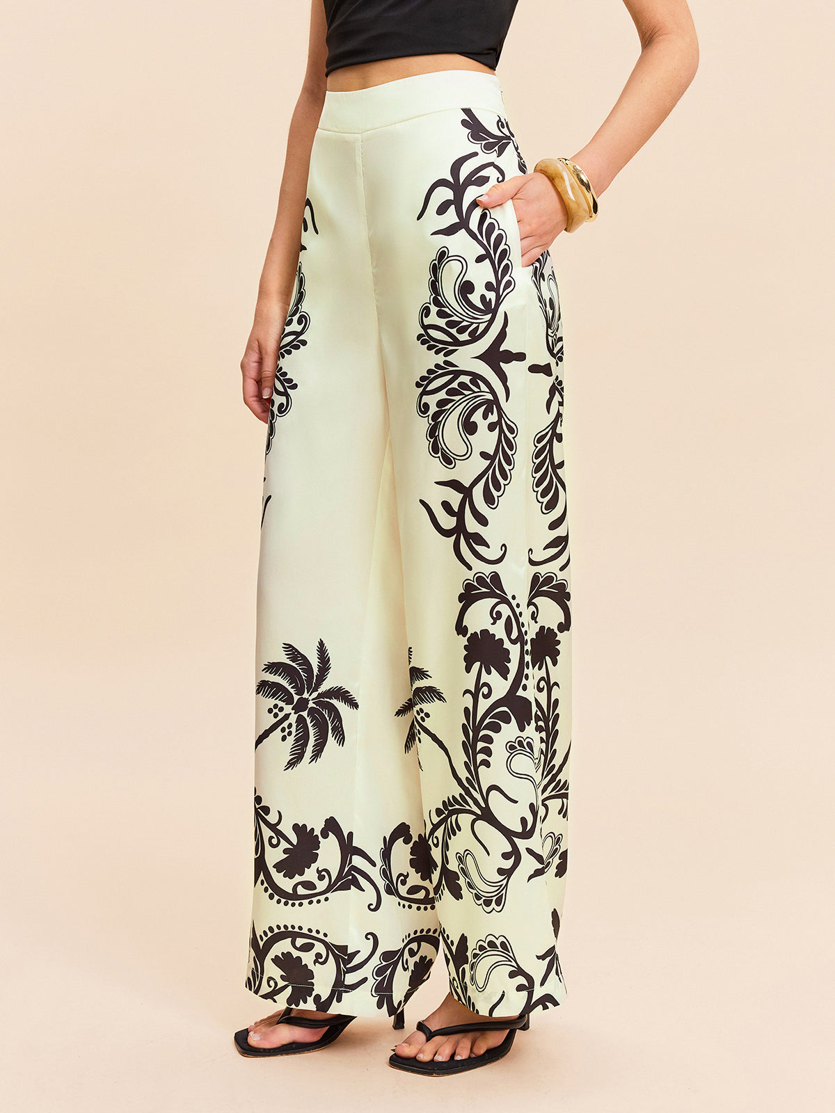 High-Waist Tropical Print Satin Pants-Chicvia