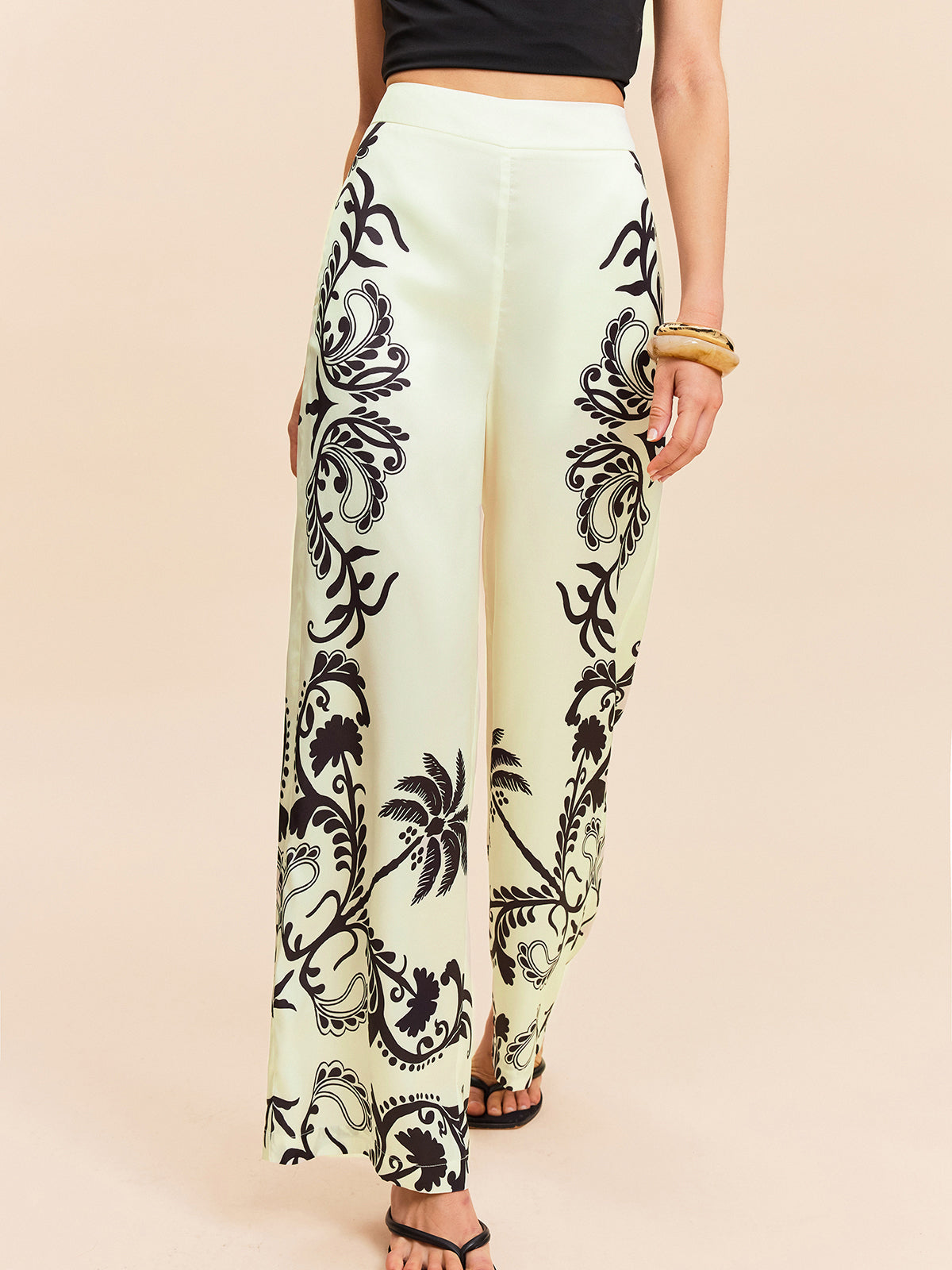 High-Waist Tropical Print Satin Pants-Chicvia
