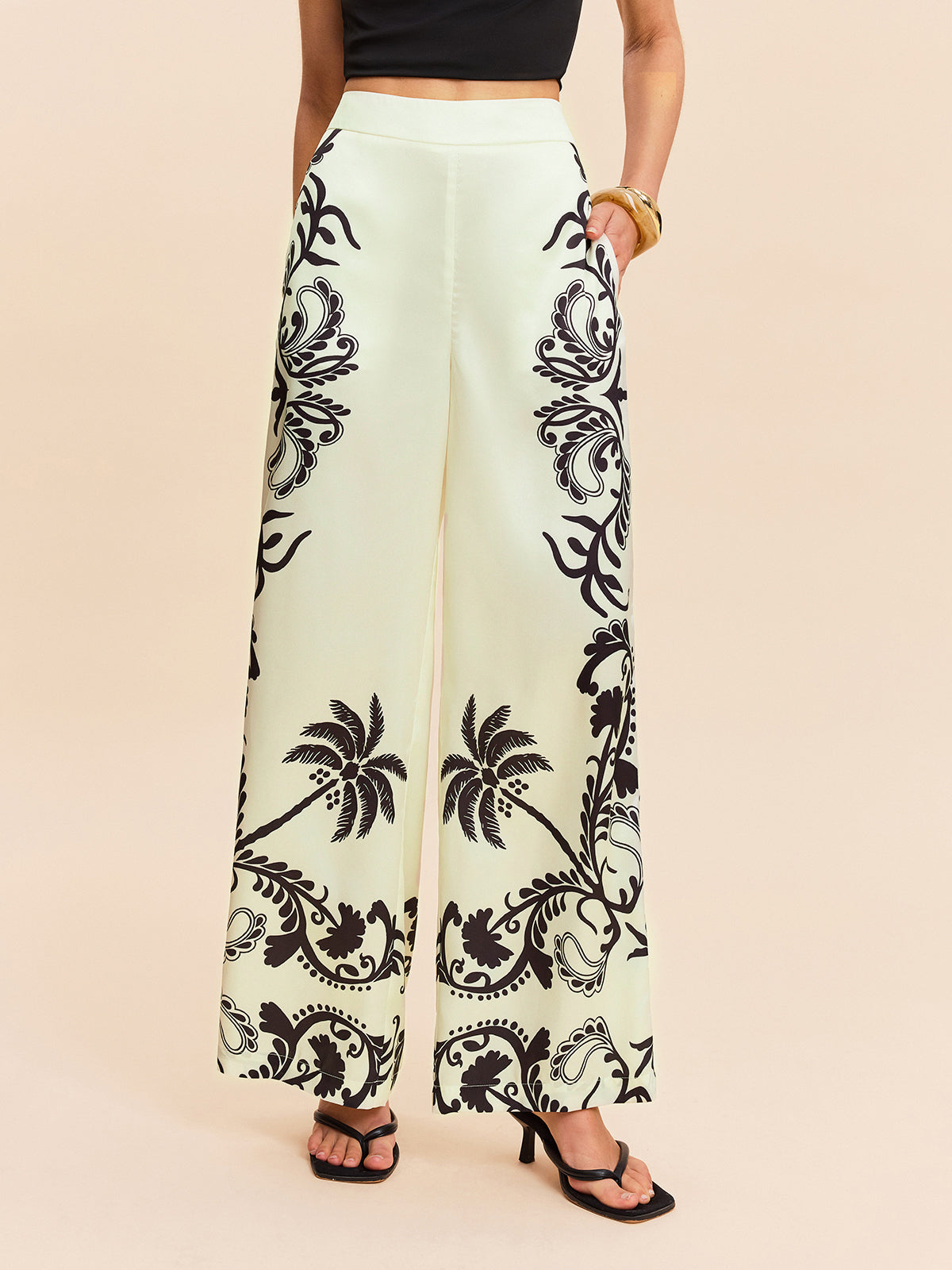 High-Waist Tropical Print Satin Pants-Chicvia