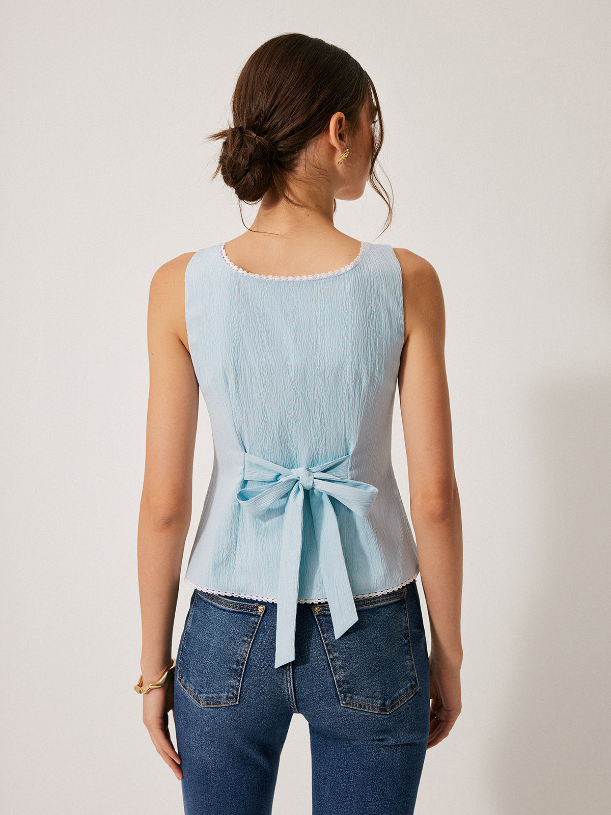 Button-Front Lace Trimmed Top-Chicvia