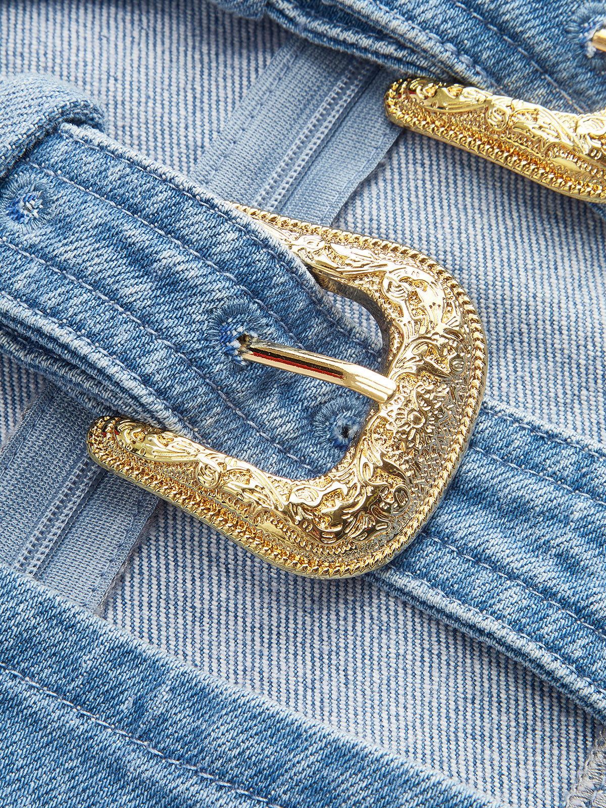 Halter Neck Buckle Detail Denim Dress-Chicvia