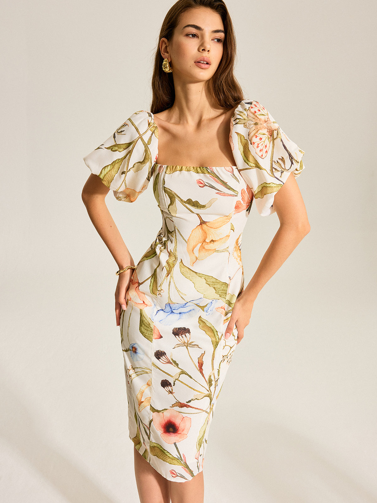 Floral Puff Sleeve Backless Dress-Chicvia