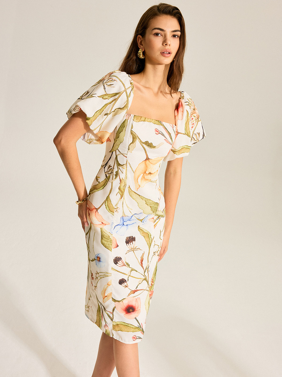 Floral Puff Sleeve Backless Dress-Chicvia