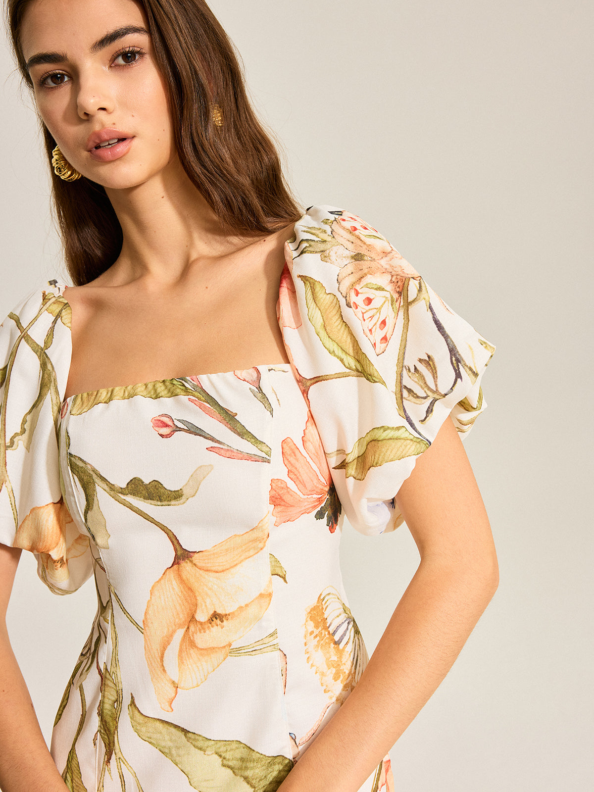 Floral Puff Sleeve Backless Dress-Chicvia