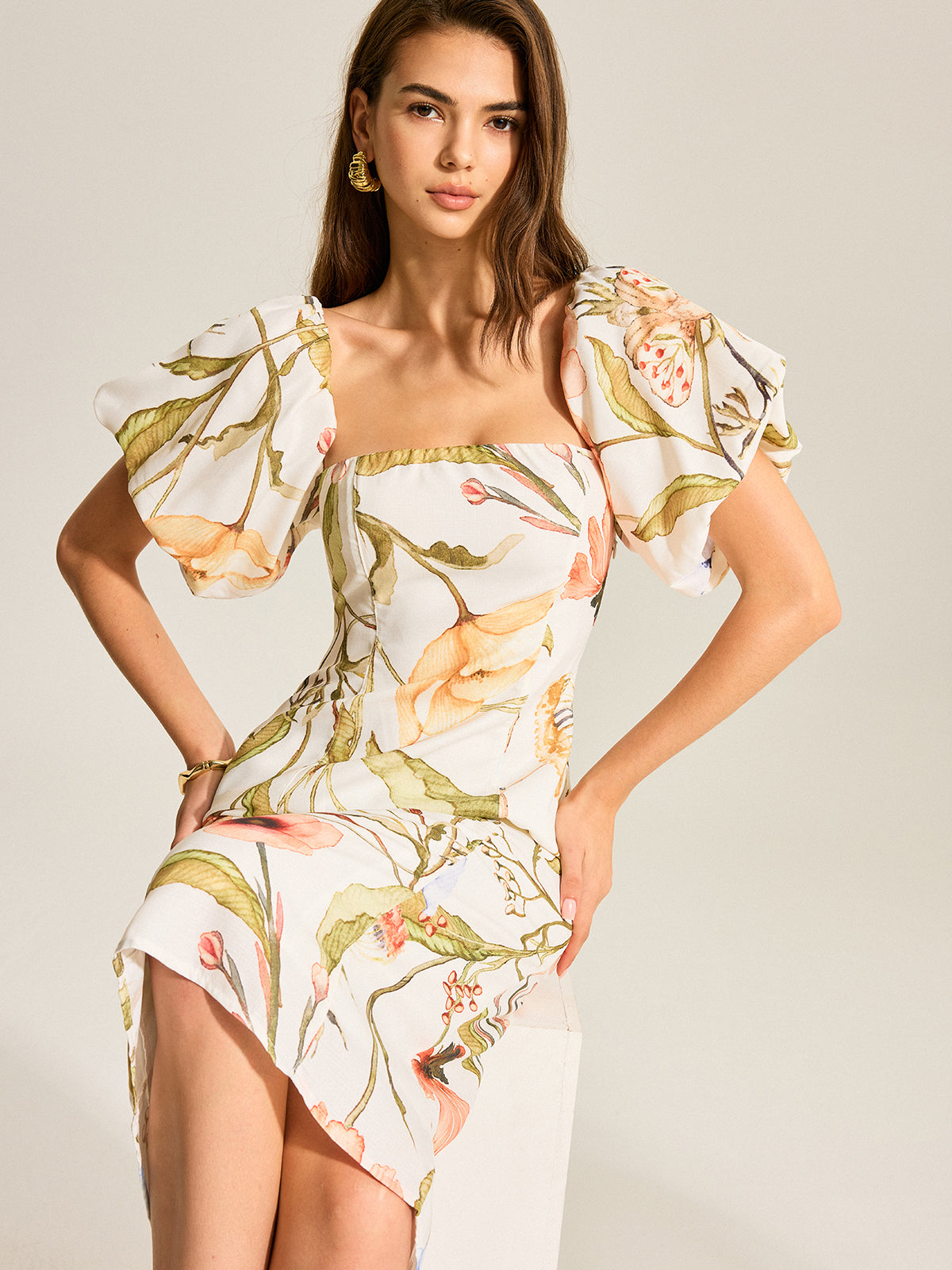 Floral Puff Sleeve Backless Dress-Chicvia