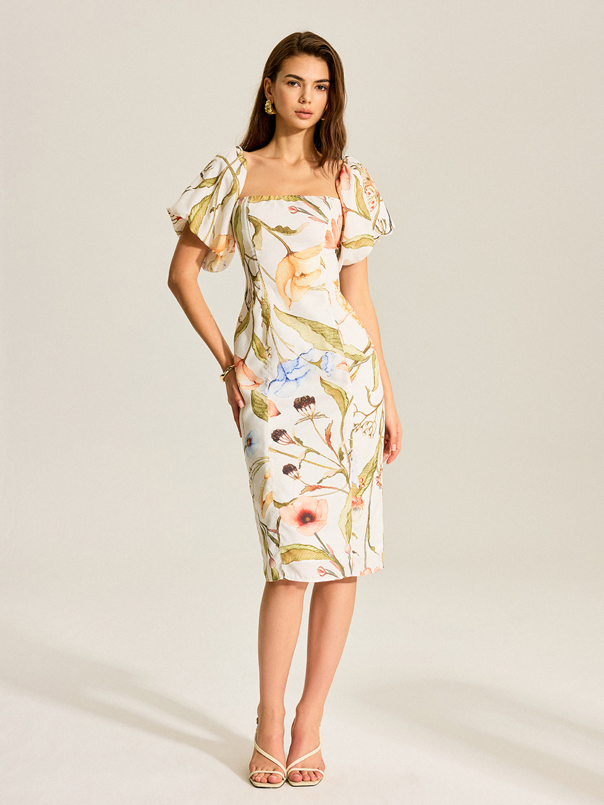 Floral Puff Sleeve Backless Dress-Chicvia